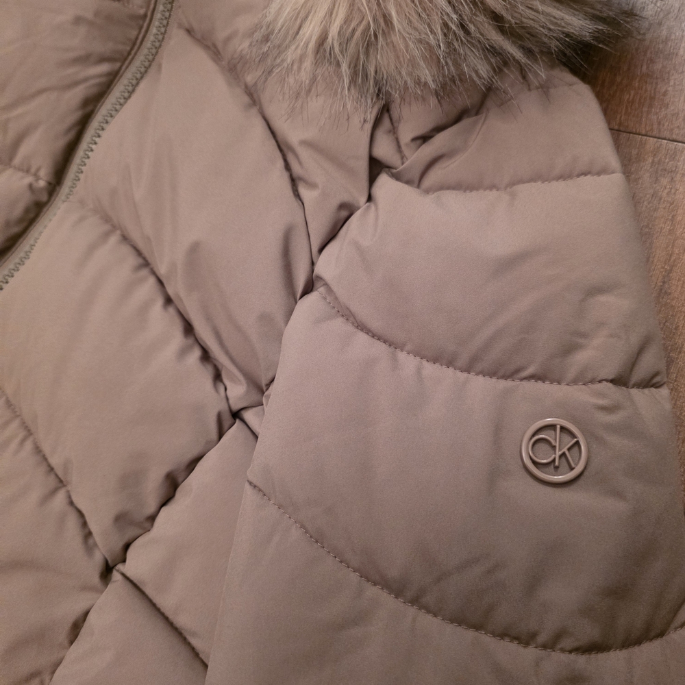 Calvin Klein Women's Tan Puffer Jacket with Faux Fur Hood - Picture 2 of 5
